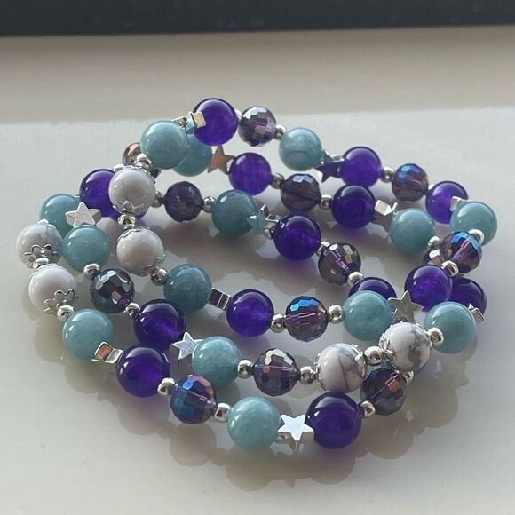Howlite purple chalcedony aquamarine star ONE stretch bracelet NEW handmade silv - Picture 1 of 8
